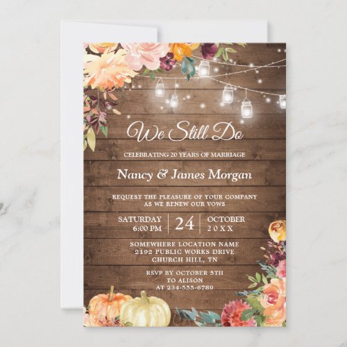 Vow Renewal Rustic Autumn Floral Mason Jar Lights Invitation