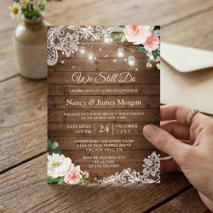 Vow Renewal Rustic Mason Jar Lights Lace Floral Invitation