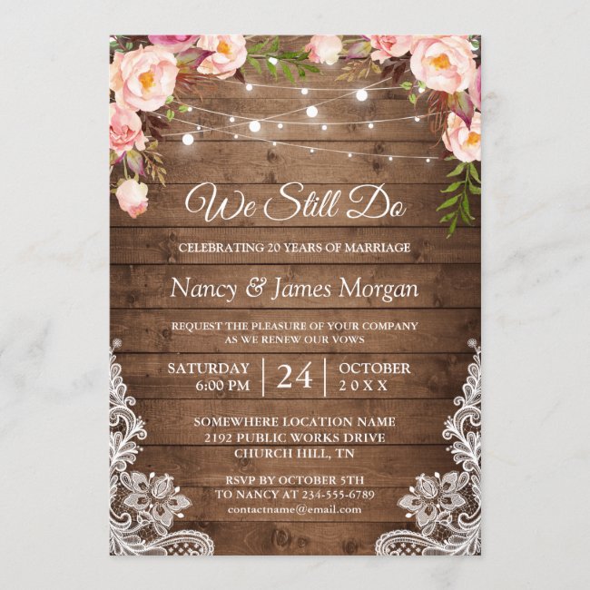 Vow Renewal Rustic Wood String Lights Lace Floral Invitation