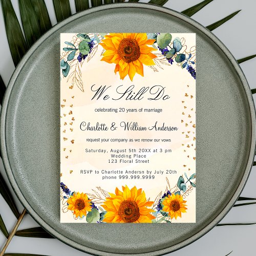 Vow renewal sunflowers eucalyptus gold hearts invitation