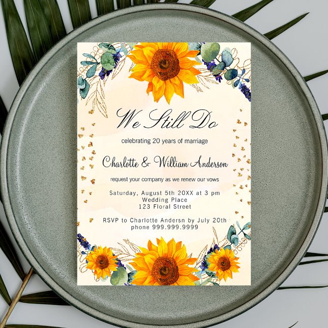 Vow renewal sunflowers eucalyptus gold hearts invitation postcard (Creator Uploaded)