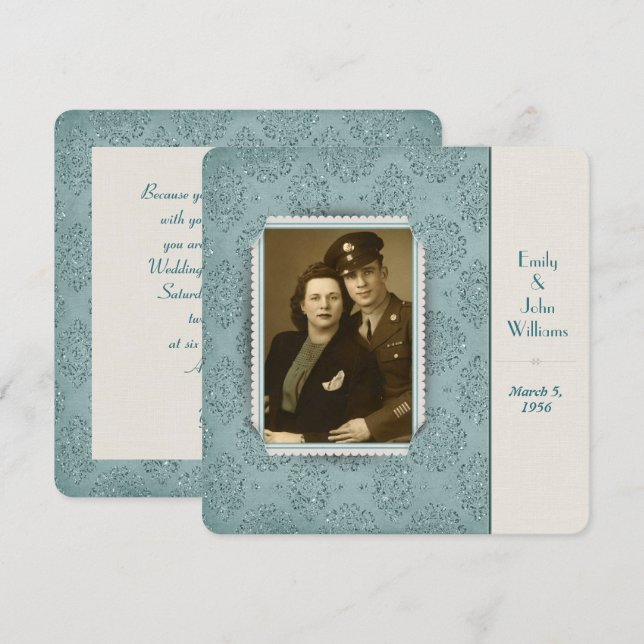 vow renewal vintage glitter damask photo frame invitation (Front/Back)