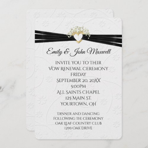 Vow Renewal White Embossed Floral with Heart  Invitation