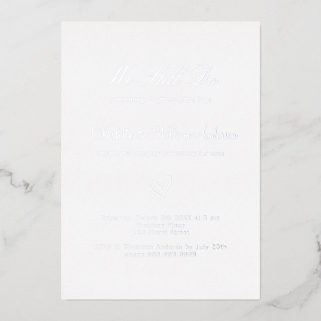 Vow renewal white silver 25th wedding anniversary foil invitation (Front)