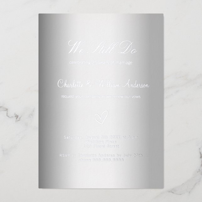 Vow renewal white silver 25th wedding anniversary foil invitation (Front)