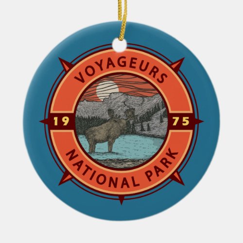 Voyageurs National Park Moose Retro Compass Emblem Ceramic Ornament