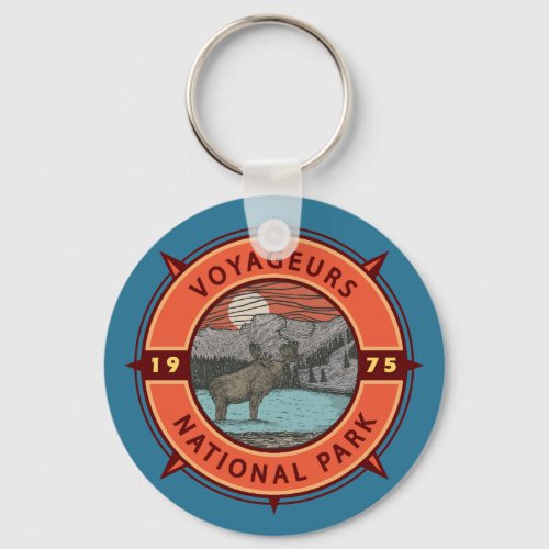 Voyageurs National Park Moose Retro Compass Emblem Keychain