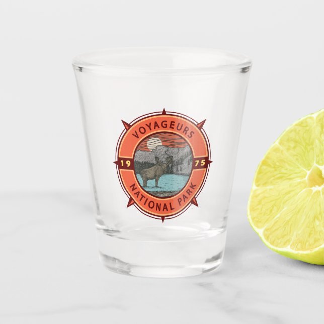 Voyageurs National Park Moose Retro Compass Emblem Shot Glass (Front)