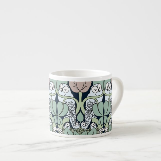Voysey Art Nouveau Owl Nest Pattern Espresso Mugs (Front Right)