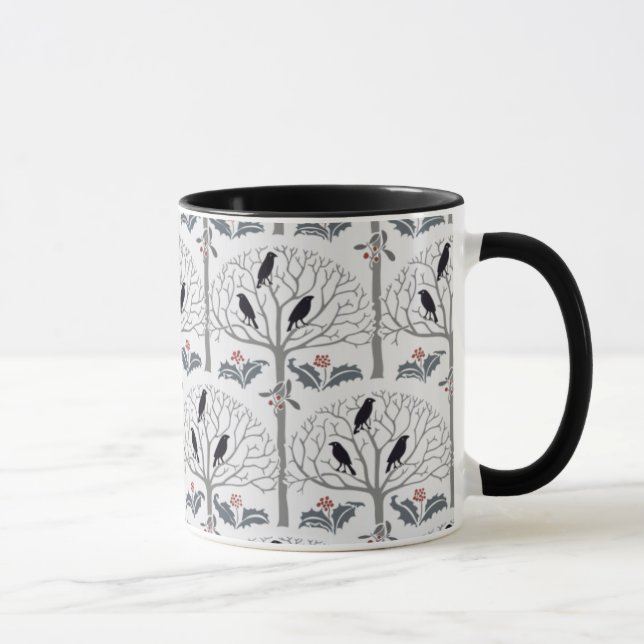 Voysey Rook and Holly Pattern Christmas Coffee Mug (Right)