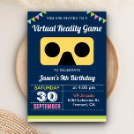 VR Virtual Reality Kids Birthday Party Invitation<br><div class="desc">Amaze your guests with this cool birthday party invite featuring a yellow virtual reality headset with modern typography against a navy blue background. Simply add your event details on this easy-to-use template to make it a one-of-a-kind invitation. Flip the card over to reveal a colorful stripes pattern on the back...</div>