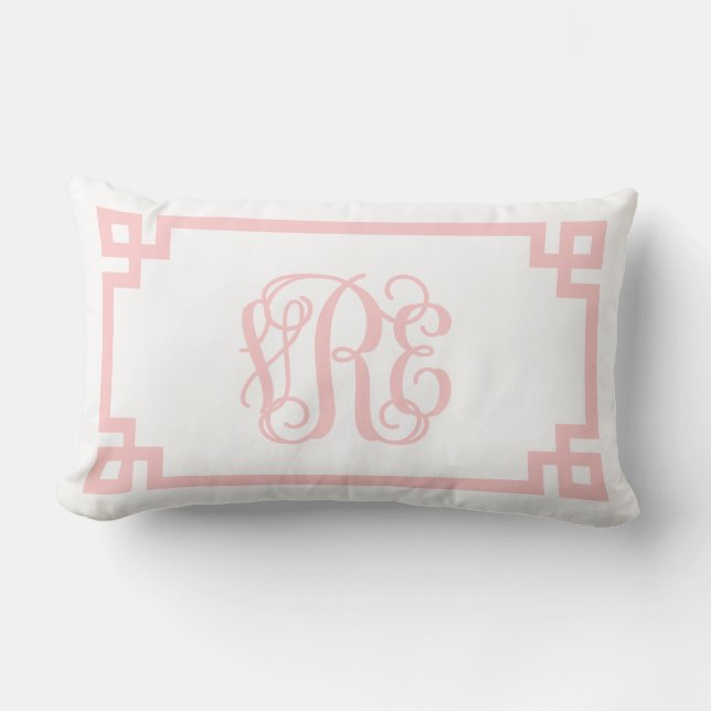 VRE Light Pink Greek Key Script Monogram Lumbar Pillow (Front)