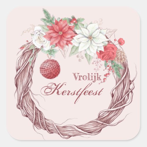 Vrolijk kerstfeest White and Red Poinsettia Square Sticker