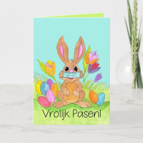 Vrolijk Pasen Dutch Easter Face masked Bunny Holiday Card