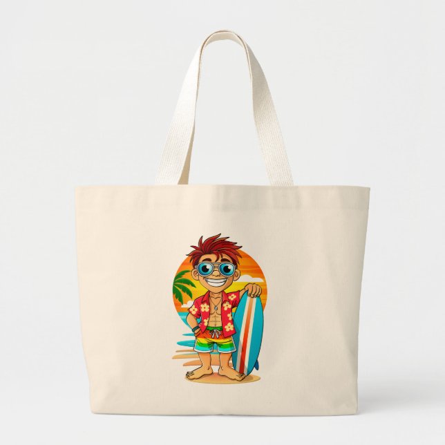 Vrolijke Surfer strand tas - Zomerse illustratie  Large Tote Bag (Front)