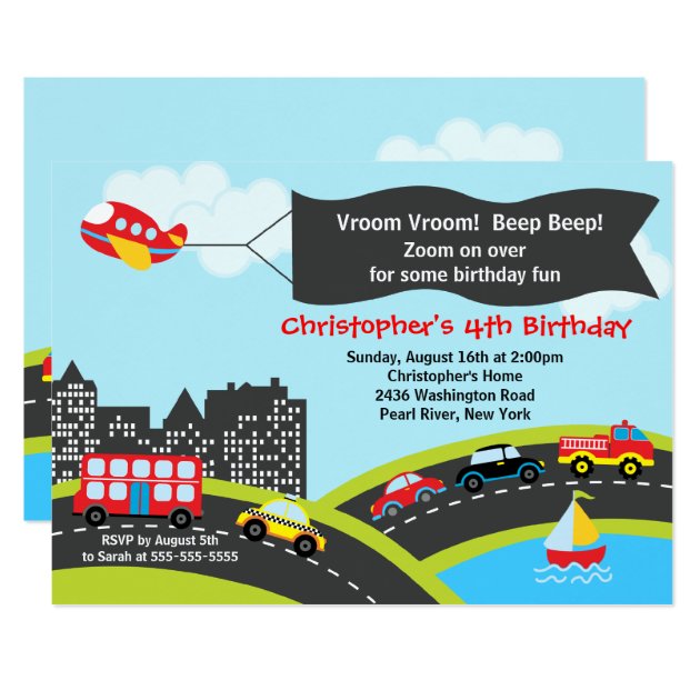 Vroom Beep Cars Birthday Party Invitation