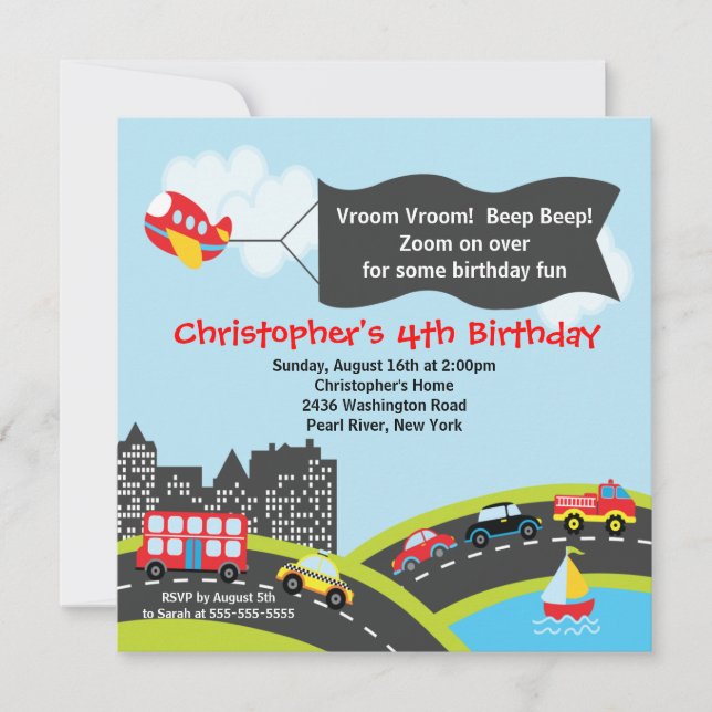 Vroom Beep Cars Birthday Party Invitation (Front)