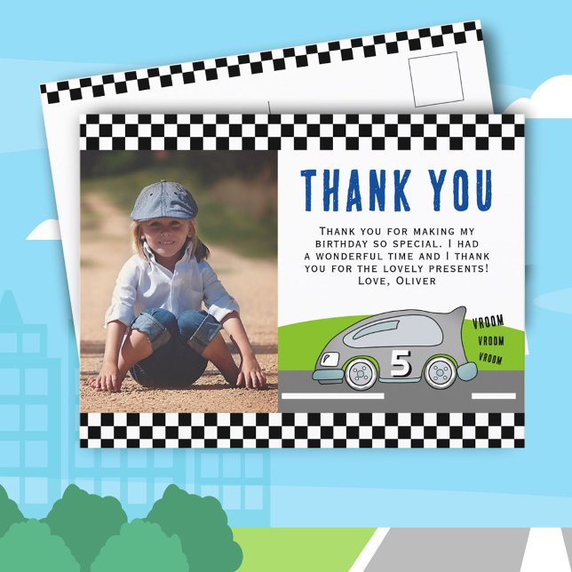 Vroom Racing Car Road Boy Photo Birthday Thank you Postcard (Creator Uploaded)