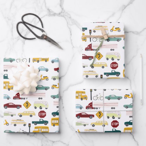 Vroom Traffic Pattern Cars Trucks Bus Bike Bday Wrapping Paper Sheets