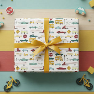 Vroom! Traffic Pattern Cars Trucks Bus Bike Bday Wrapping Paper Sheets