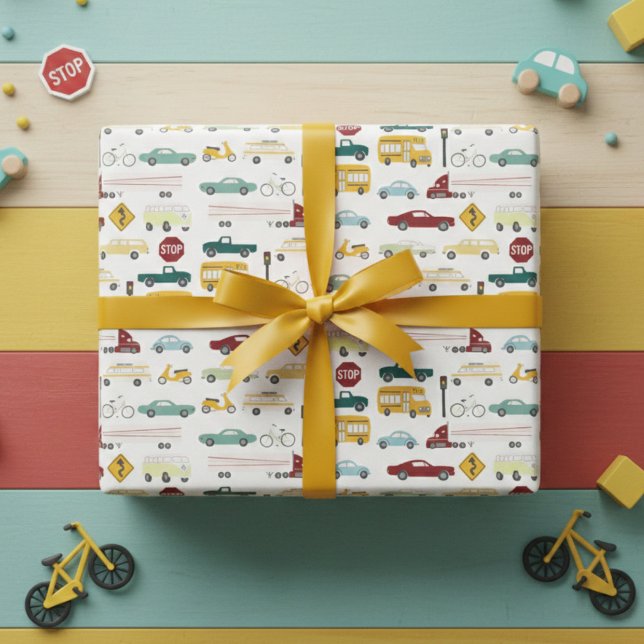 Vroom! Traffic Pattern Cars Trucks Bus Bike Bday Wrapping Paper Sheets (Vroom! Traffic Pattern Cars Trucks Bus Bike Birthday Wrapping Paper Sheets
)