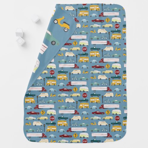 Vroom Traffic Pattern Cars Trucks Bus Bike Blue Baby Blanket