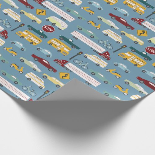 Vroom Traffic Pattern Cars Trucks Bus Bike blue Wrapping Paper