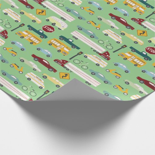 Vroom Traffic Pattern Cars Trucks Bus Bike green Wrapping Paper