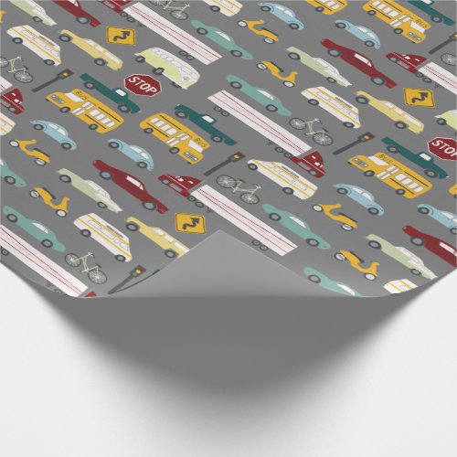 Vroom Traffic Pattern Cars Trucks Bus Bike grey Wrapping Paper