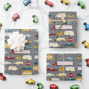 Vroom! Traffic Pattern Cars Trucks Bus Bike grey Wrapping Paper Sheets