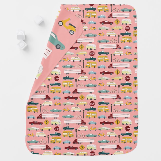 Vroom! Traffic Pattern Cars Trucks Bus Bike Pink Baby Blanket (In Situ)