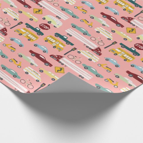 Vroom Traffic Pattern Cars Trucks Bus Bike pink Wrapping Paper