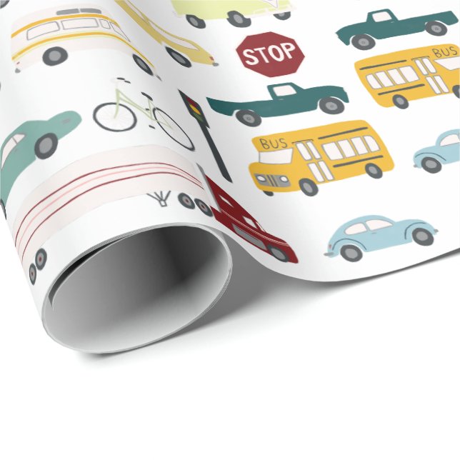 Vroom! Traffic Pattern Cars Trucks Bus Bike white Wrapping Paper (Roll Corner)