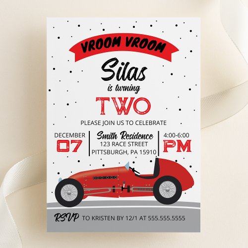 Vroom Vroom Antique Race Car Birthday Party Invitation