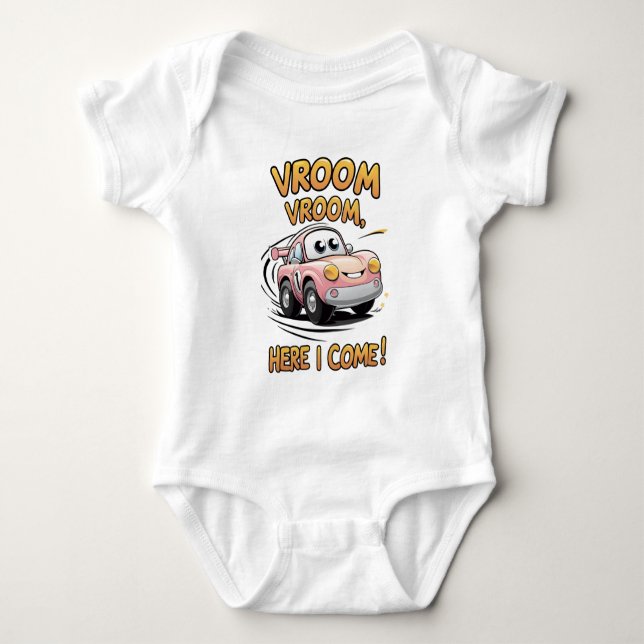 Vroom Vroom Baby Outfit – Cute Cartoon Race Car  Bodysuit (Front)