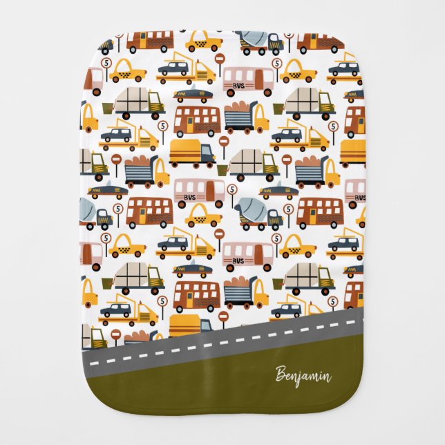 Vroom! Vroom! Car and Transportation Pattern Boy Baby Burp Cloth (Front)