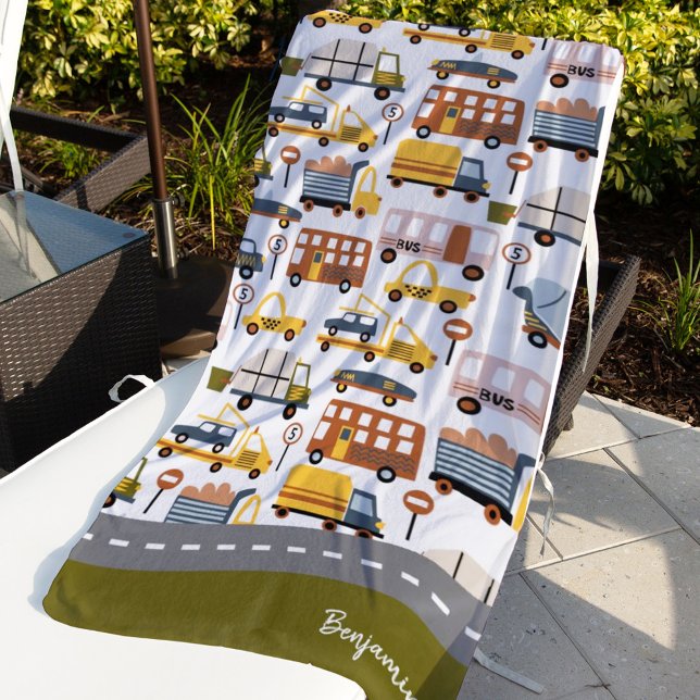 Vroom! Vroom! Car and Transportation Pattern Boy Beach Towel (Creator Uploaded)