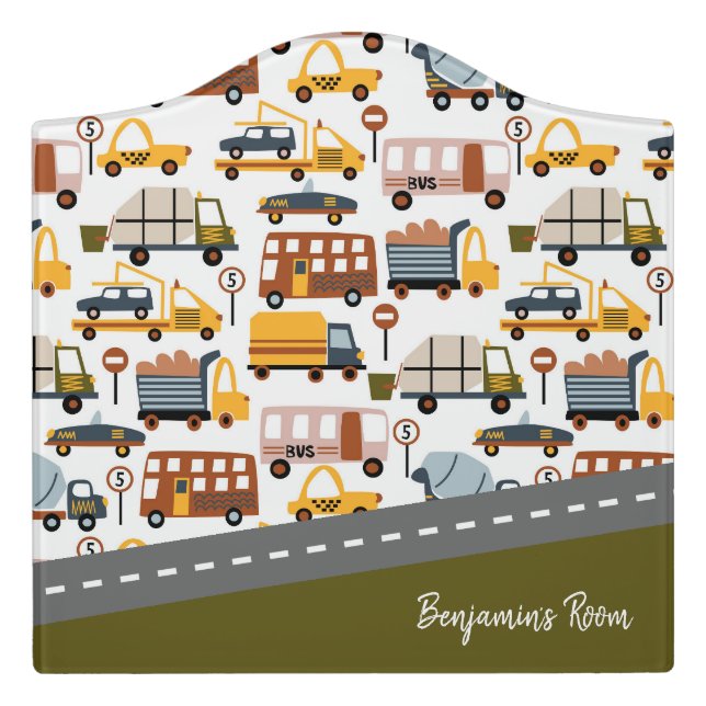 Vroom! Vroom! Car and Transportation Pattern Boy Door Sign (Large Crest Front)