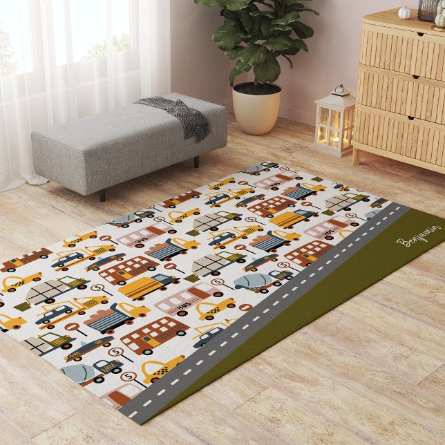 Vroom! Vroom! Car and Transportation Pattern Boy Rug (This fun kids road pattern is available in many rug sizes and in an outdoor version!)