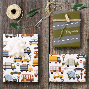 Vroom! Vroom! Car and Transportation Pattern Boy Wrapping Paper Sheets