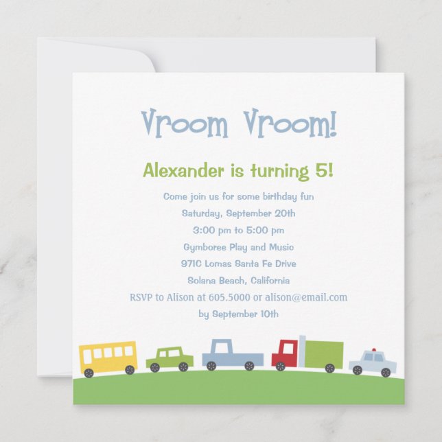 Vroom Vroom Cars Birthday Party Invitation (Front)