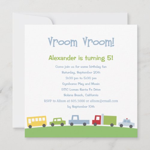 Vroom Vroom Cars Birthday Party Invitation