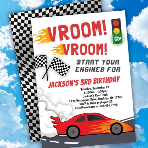 Vroom Vroom Race Car Birthday Party Invitation