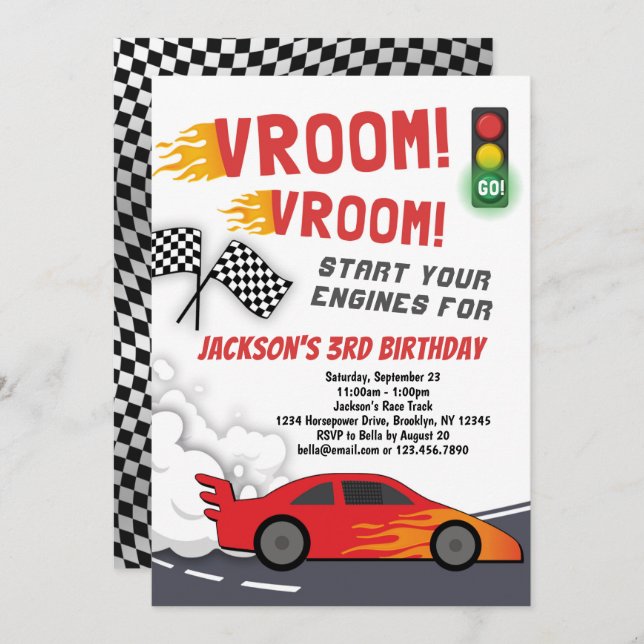 Vroom Vroom Race Car Birthday Party Invitation (Front/Back)