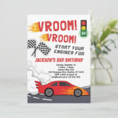 Vroom Vroom Race Car Birthday Party Invitation (Standing Front)