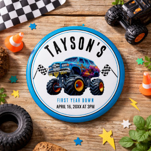 Vroom Zoom Monster Truck Boom 1st Birthday Party Button
