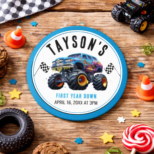 Vroom Zoom Monster Truck Boom   1st Birthday Party Classic Round Sticker