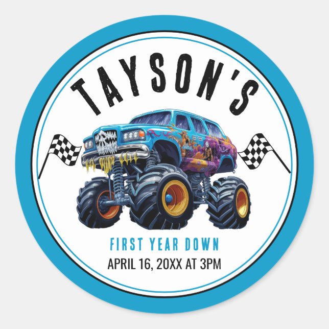 Vroom Zoom Monster Truck Boom | 1st Birthday Party Classic Round Sticker (Front)