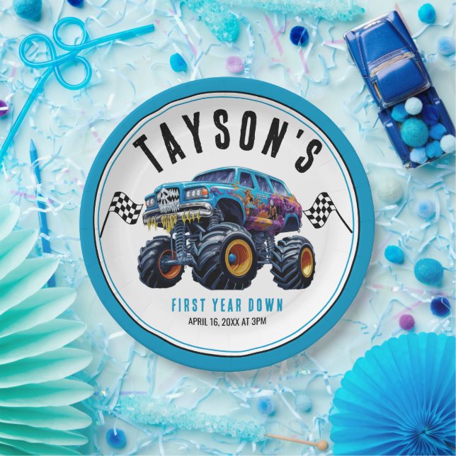 Vroom Zoom Monster Truck Boom | 1st Birthday Party Paper Plates (Party)