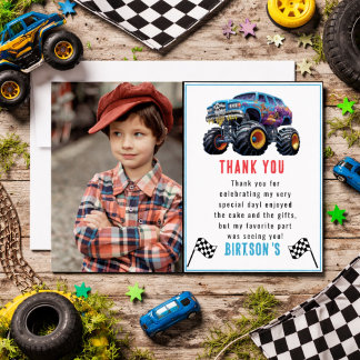 Vroom Zoom Monster Truck Boom | 1st Birthday Party Thank You Card